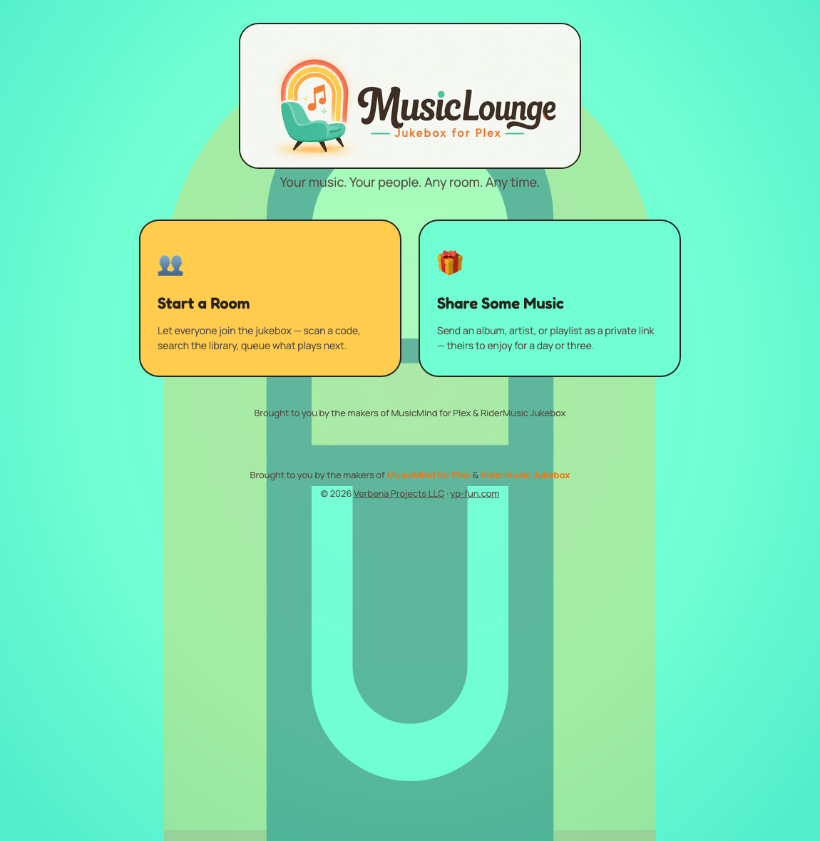 MusicLounge home screen — Start a Room or Share Some Music