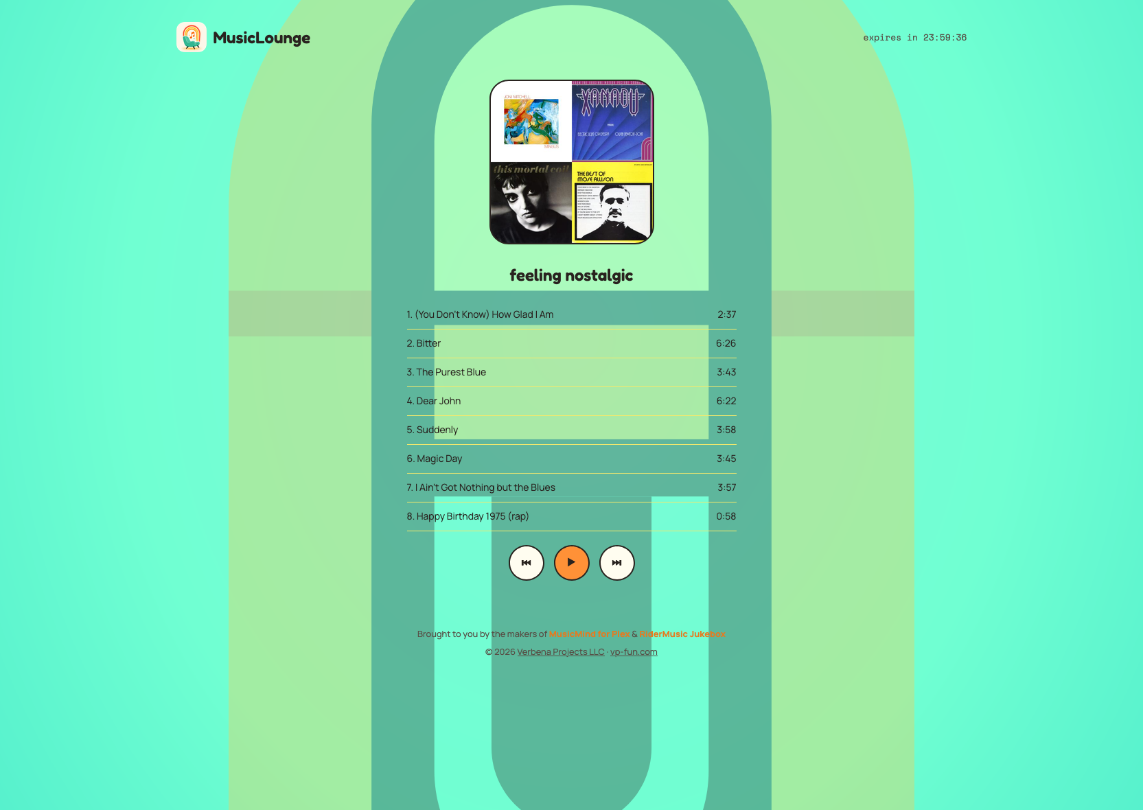 The locked /linked player showing a shared playlist called feeling nostalgic