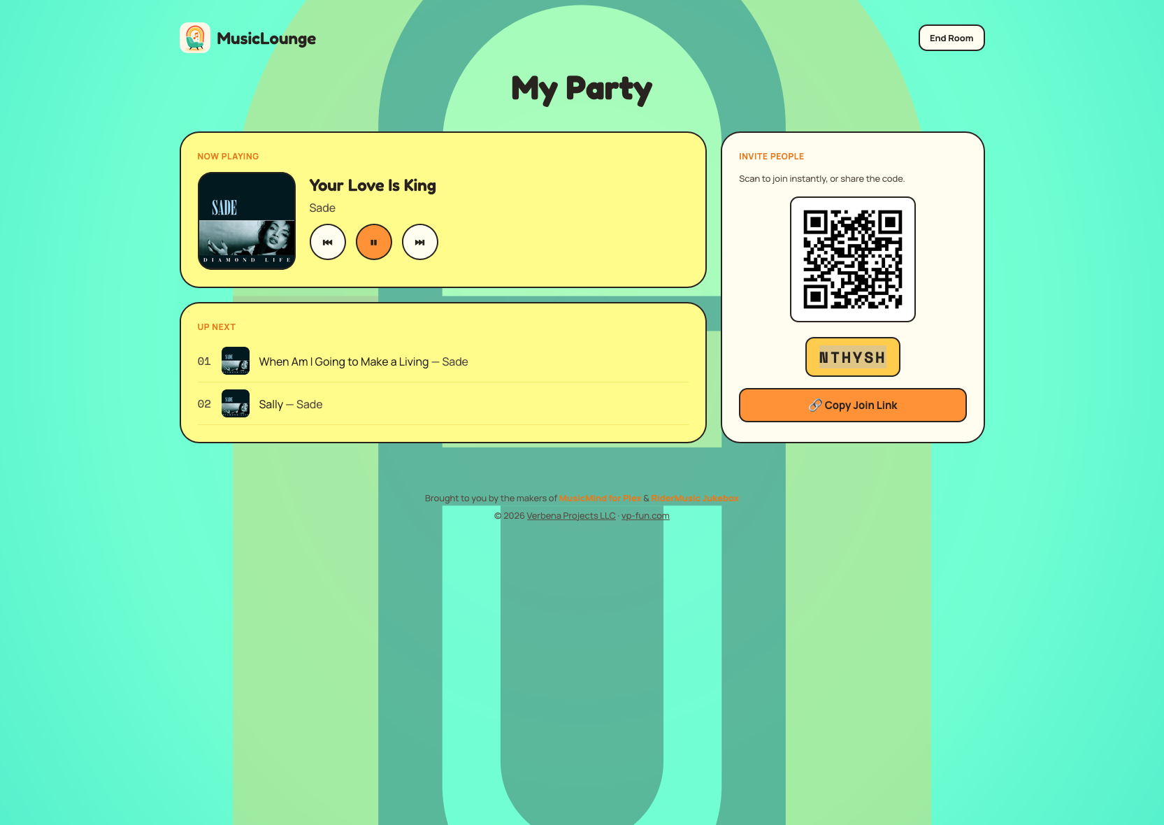Room Mode host view with now playing, up next queue, and a join QR code
