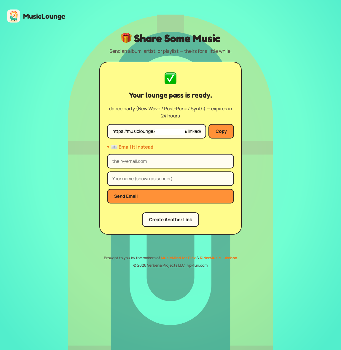 Share Mode confirmation screen with a copyable link and email option
