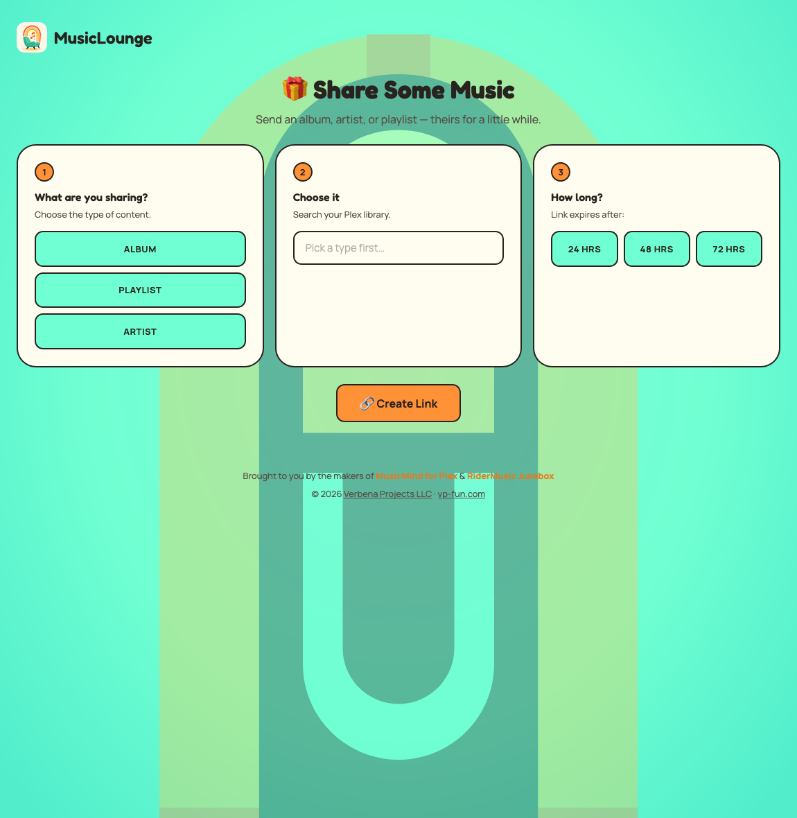 Share Mode setup — choose content type, pick it, and set link duration
